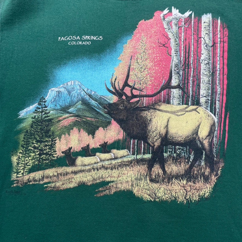 Oneita Sweatshirt Mens Large Green Pagosa Springs Colorado Elk Vintage USA Made - Picture 4 of 8